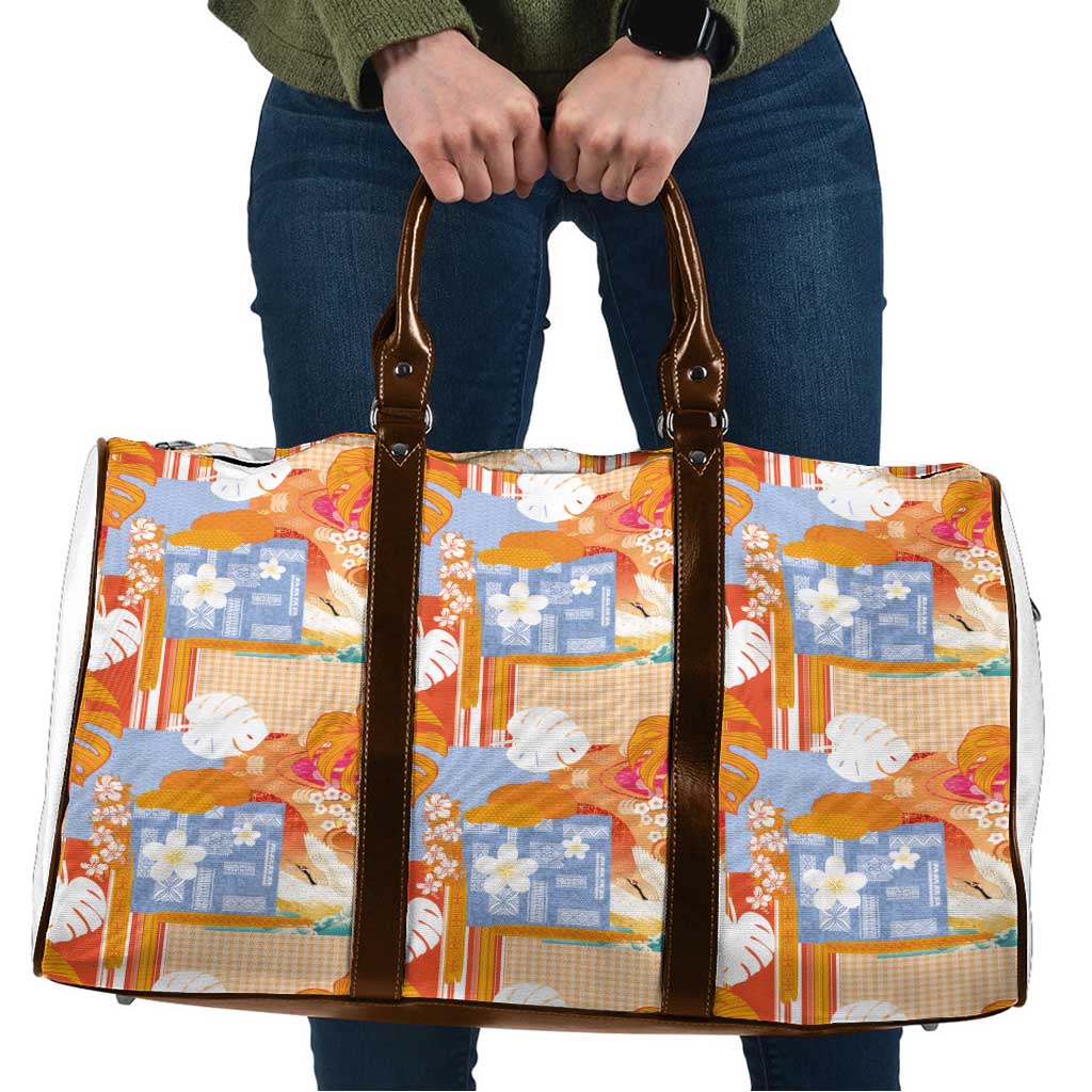 Hawaiian and Japanese Culture Together Travel Bag Palaka Japanese Art and Tropical Motif Tribal Patchwork