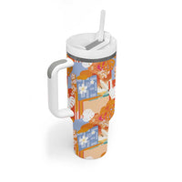 Hawaiian and Japanese Culture Together Tumbler With Handle Palaka Japanese Art and Tropical Motif Tribal Patchwork