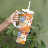 Hawaiian and Japanese Culture Together Tumbler With Handle Palaka Japanese Art and Tropical Motif Tribal Patchwork