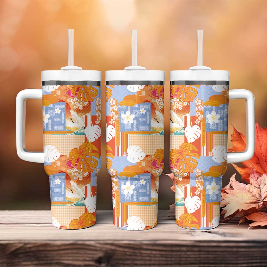 Hawaiian and Japanese Culture Together Tumbler With Handle Palaka Japanese Art and Tropical Motif Tribal Patchwork