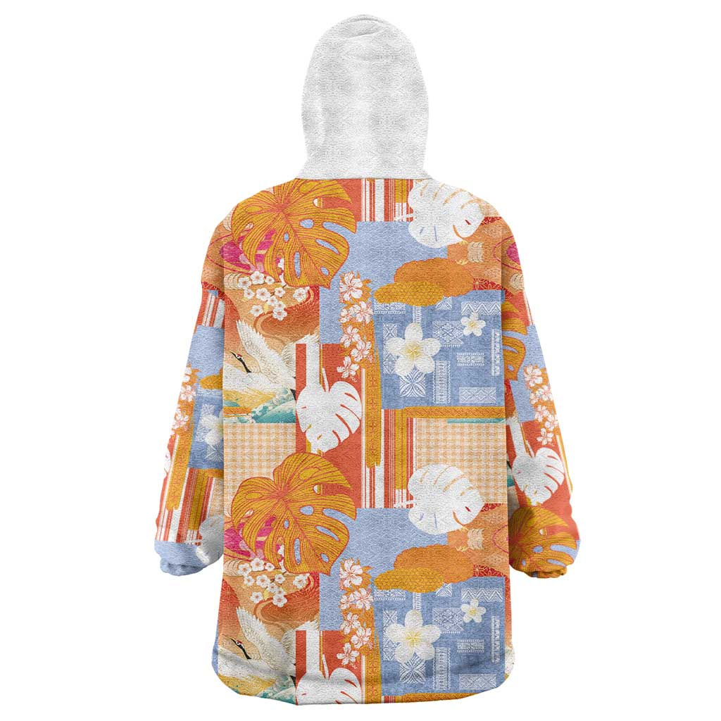 Hawaiian and Japanese Culture Together Wearable Blanket Hoodie Palaka Japanese Art and Tropical Motif Tribal Patchwork