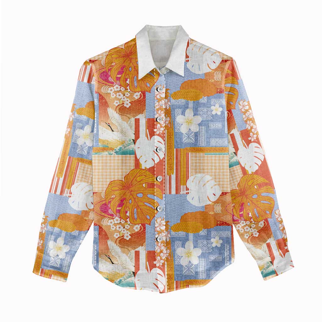Hawaiian and Japanese Culture Together Women Casual Shirt Palaka Japanese Art and Tropical Motif Tribal Patchwork