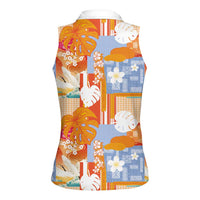 Hawaiian and Japanese Culture Together Women Sleeveless Polo Shirt Palaka Japanese Art and Tropical Motif Tribal Patchwork