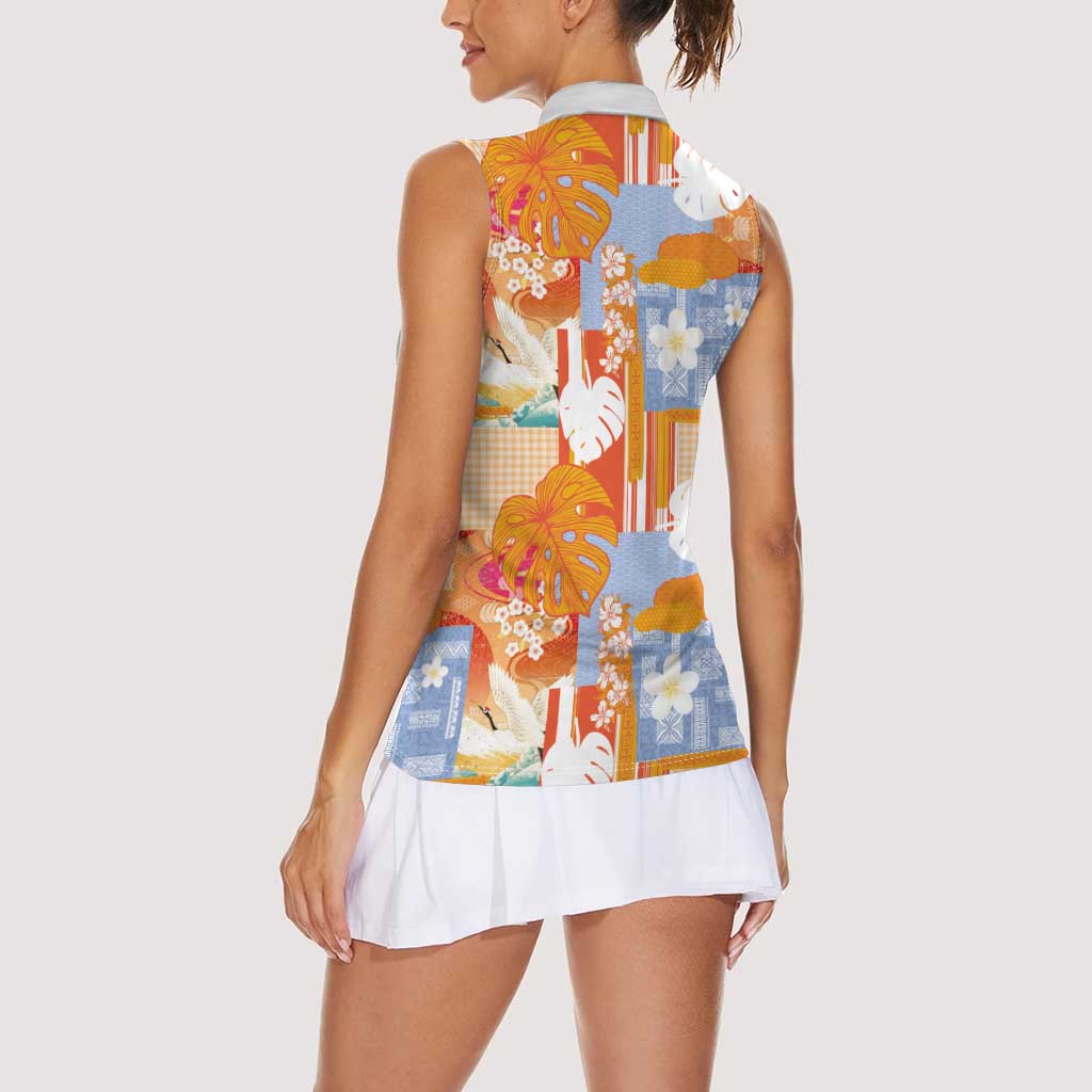 Hawaiian and Japanese Culture Together Women Sleeveless Polo Shirt Palaka Japanese Art and Tropical Motif Tribal Patchwork