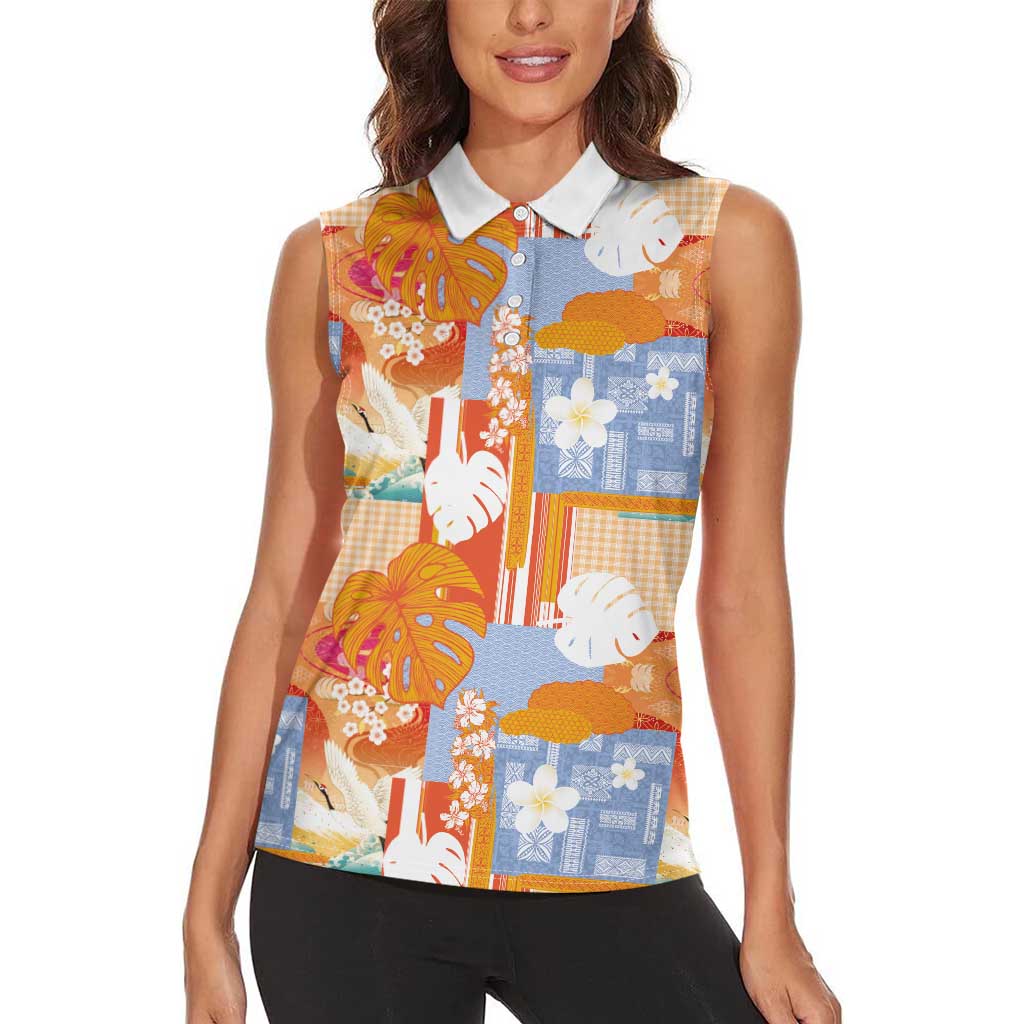 Hawaiian and Japanese Culture Together Women Sleeveless Polo Shirt Palaka Japanese Art and Tropical Motif Tribal Patchwork