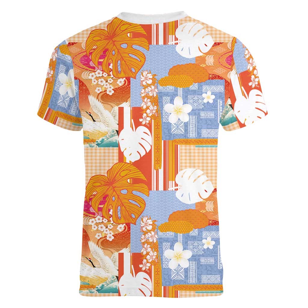 Hawaiian and Japanese Culture Together Women V-Neck T-Shirt Palaka Japanese Art and Tropical Motif Tribal Patchwork