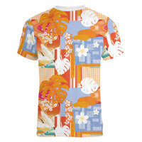Hawaiian and Japanese Culture Together Women V-Neck T-Shirt Palaka Japanese Art and Tropical Motif Tribal Patchwork