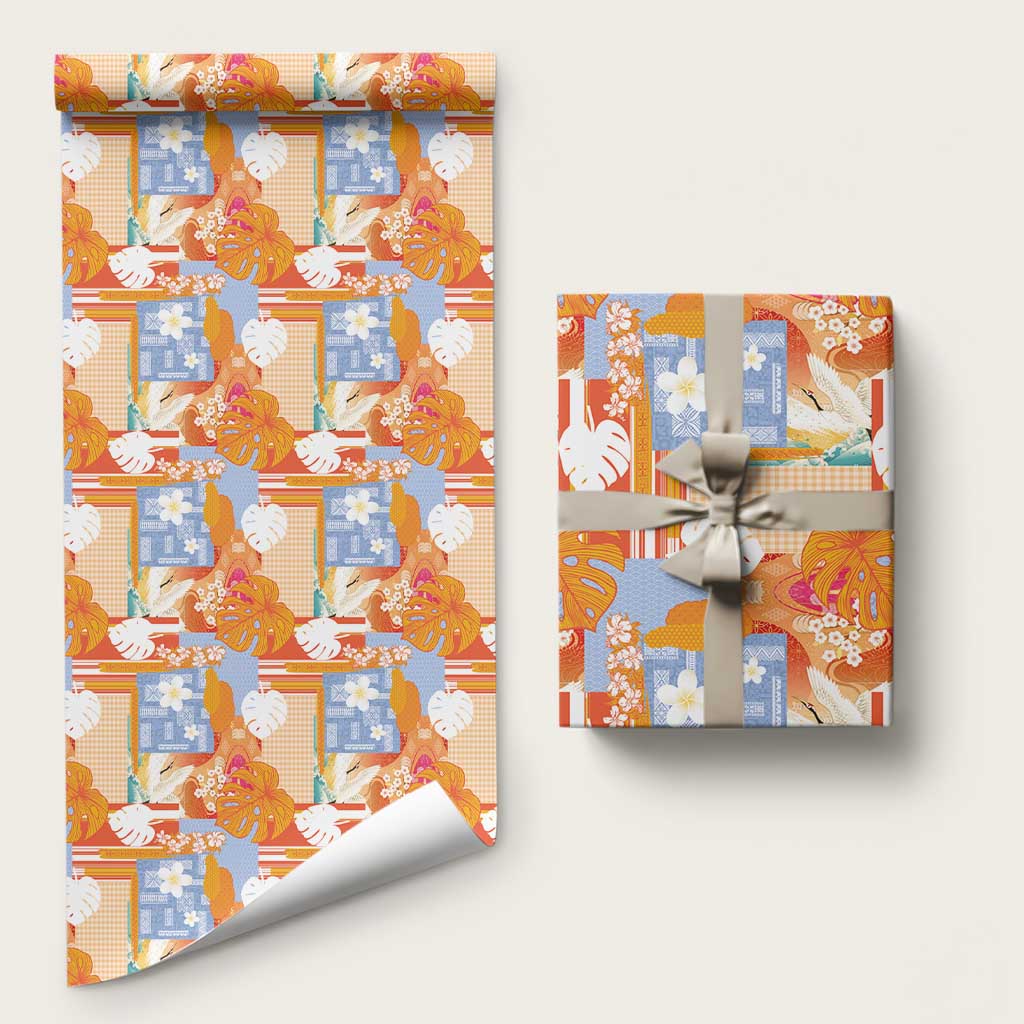 Hawaiian and Japanese Culture Together Wrapping Paper Palaka Japanese Art and Tropical Motif Tribal Patchwork
