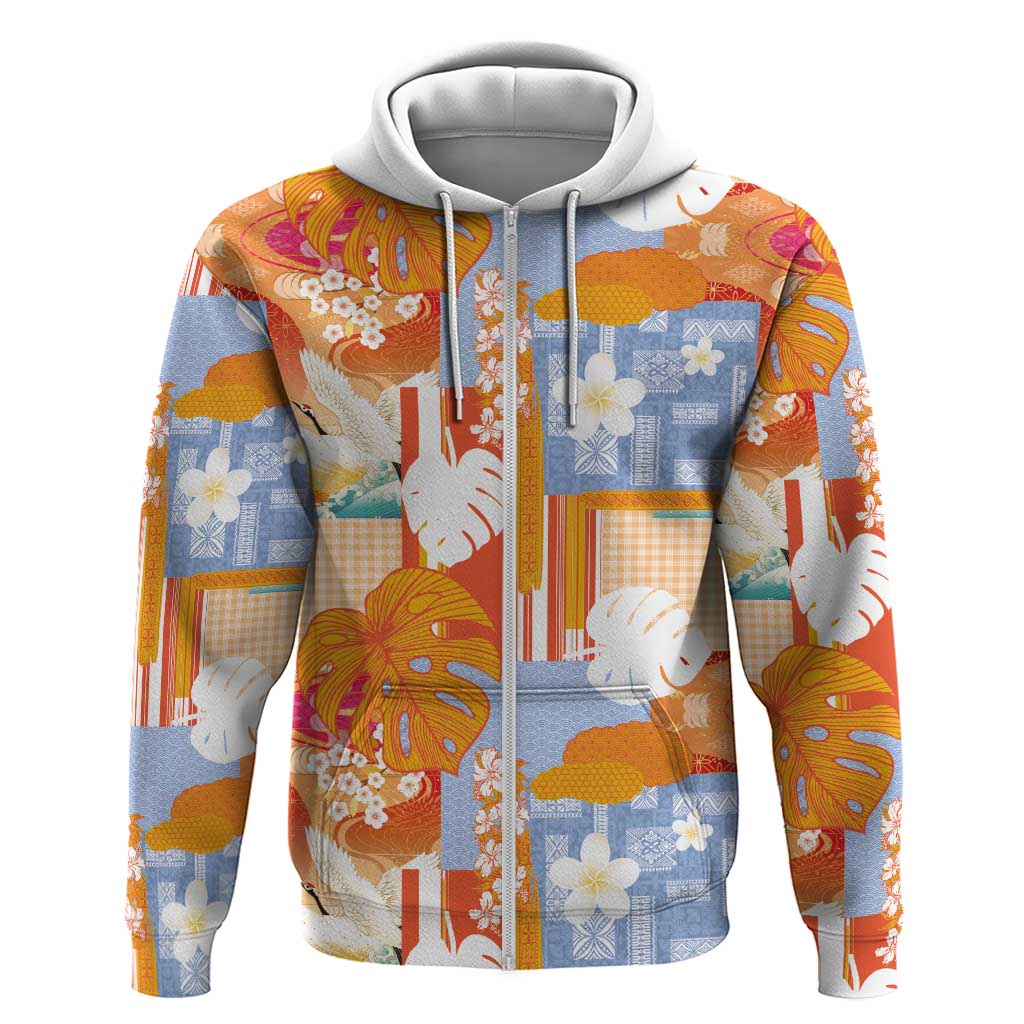 Hawaiian and Japanese Culture Together Zip Hoodie Palaka Japanese Art and Tropical Motif Tribal Patchwork