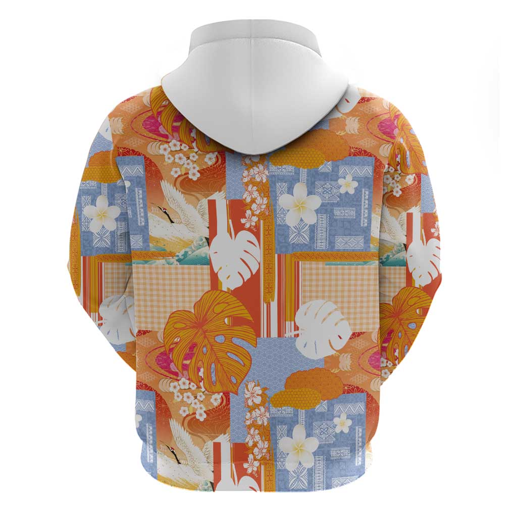 Hawaiian and Japanese Culture Together Zip Hoodie Palaka Japanese Art and Tropical Motif Tribal Patchwork
