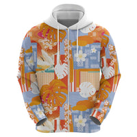 Hawaiian and Japanese Culture Together Zip Hoodie Palaka Japanese Art and Tropical Motif Tribal Patchwork