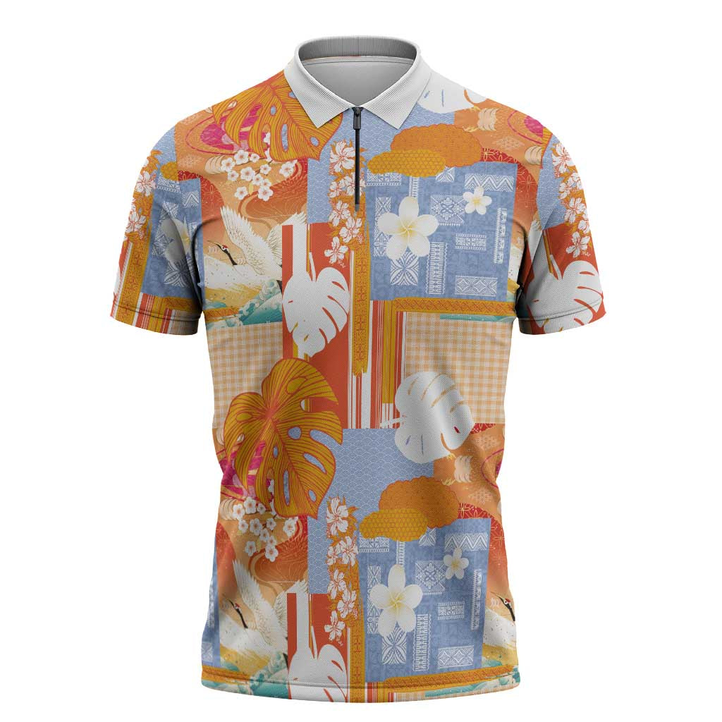 Hawaiian and Japanese Culture Together Zipper Polo Shirt Palaka Japanese Art and Tropical Motif Tribal Patchwork LT03 Multicolor - Polynesian Pride