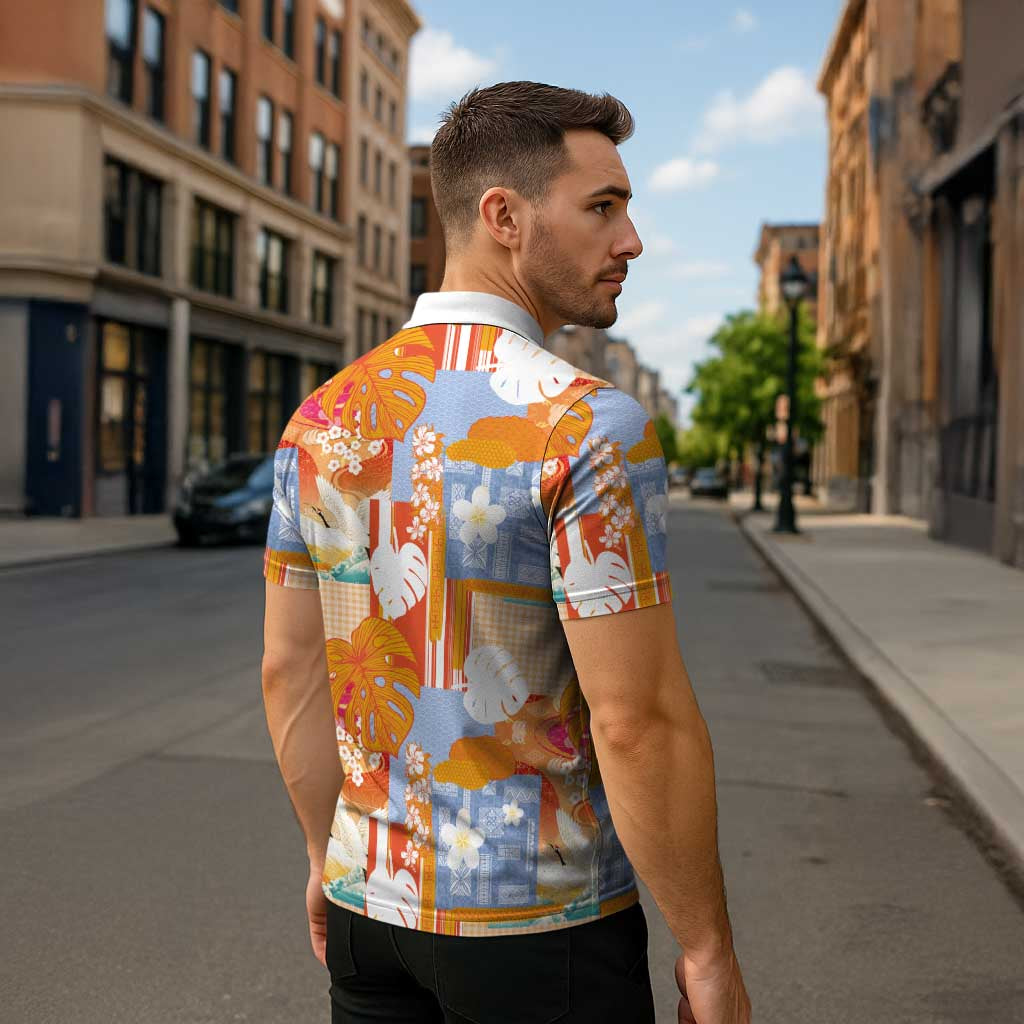 Hawaiian and Japanese Culture Together Zipper Polo Shirt Palaka Japanese Art and Tropical Motif Tribal Patchwork