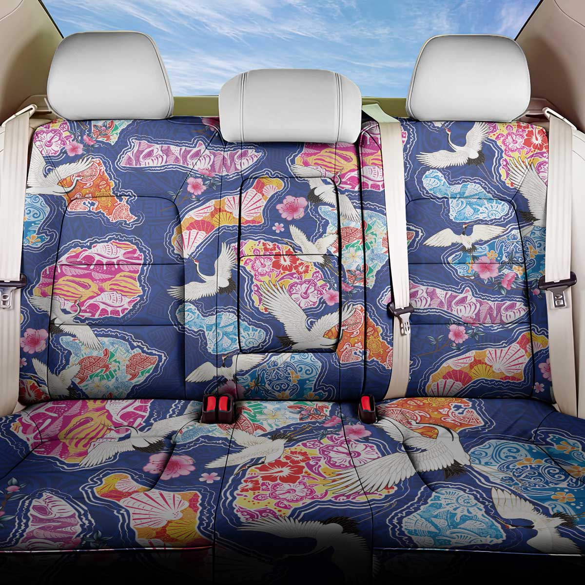 Hawaiian and Japanese Culture Together Back Car Seat Cover Hawaiian Archipelago Shape Sea Animals