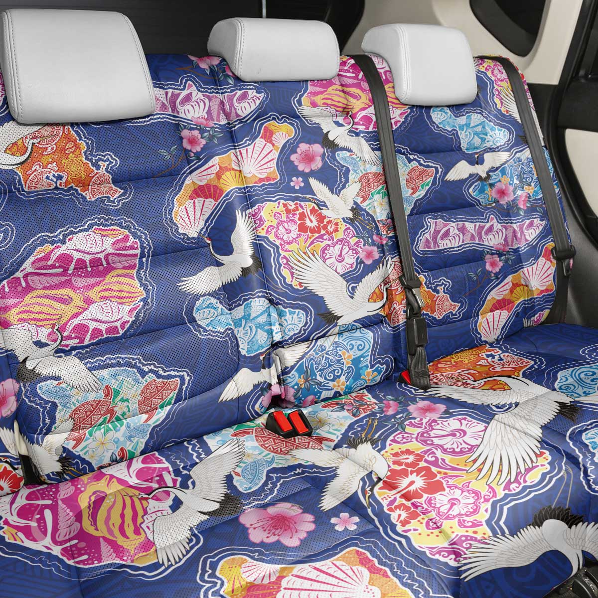 Hawaiian and Japanese Culture Together Back Car Seat Cover Hawaiian Archipelago Shape Sea Animals
