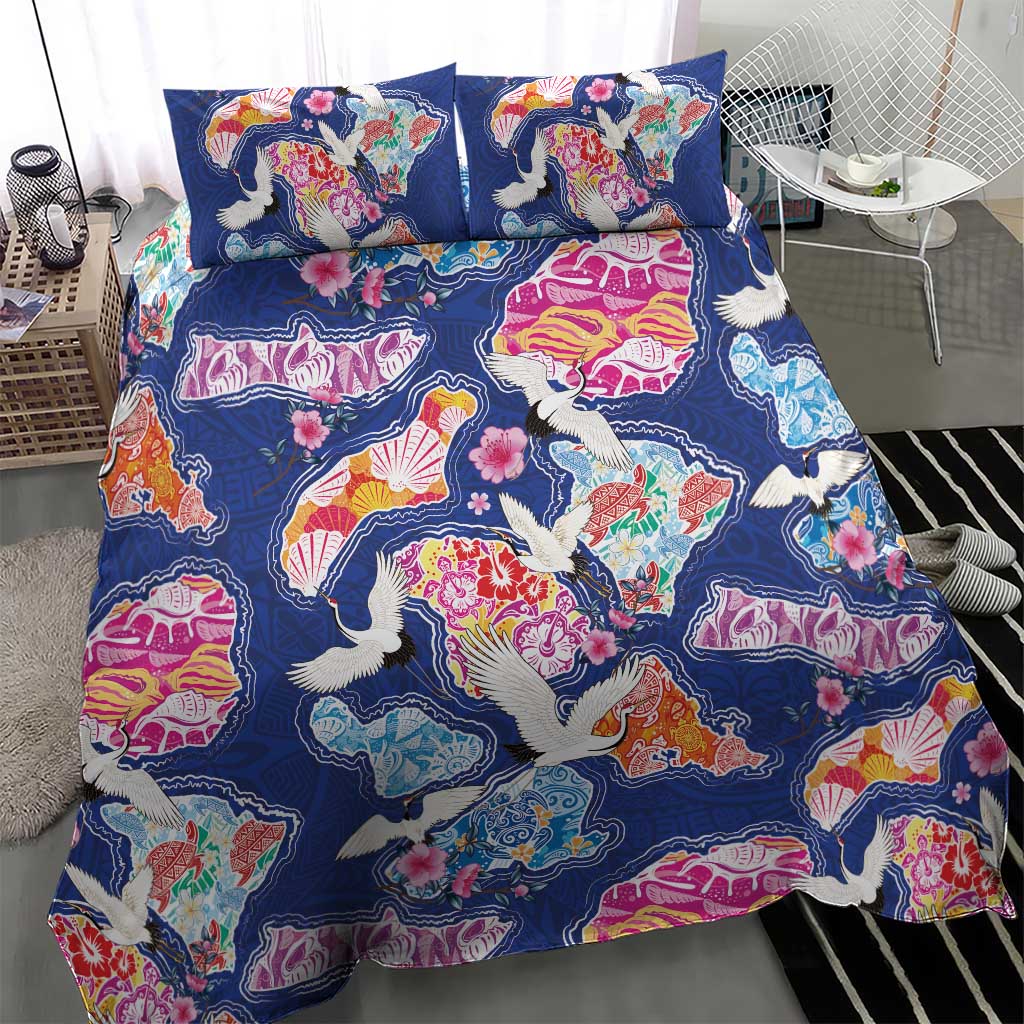 Hawaiian and Japanese Culture Together Bedding Set Hawaiian Archipelago Shape Sea Animals LT03 - Polynesian Pride