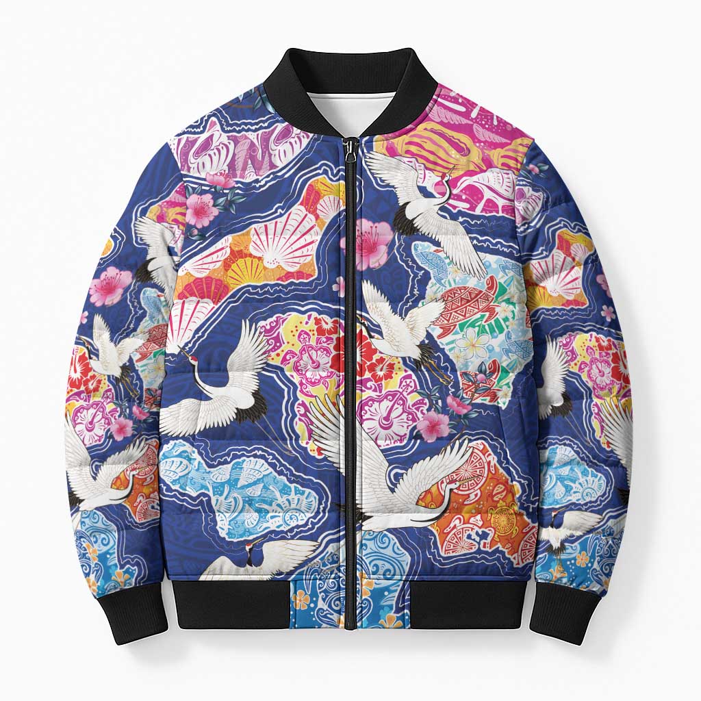 Hawaiian and Japanese Culture Together Bomber Puffer Jacket Hawaiian Archipelago Shape Sea Animals LT03 Unisex Multicolor - Polynesian Pride
