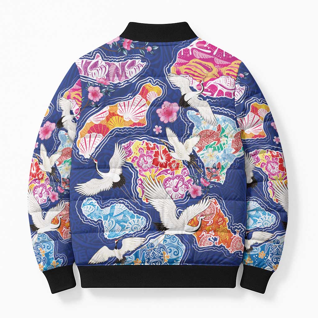 Hawaiian and Japanese Culture Together Bomber Puffer Jacket Hawaiian Archipelago Shape Sea Animals LT03 - Polynesian Pride