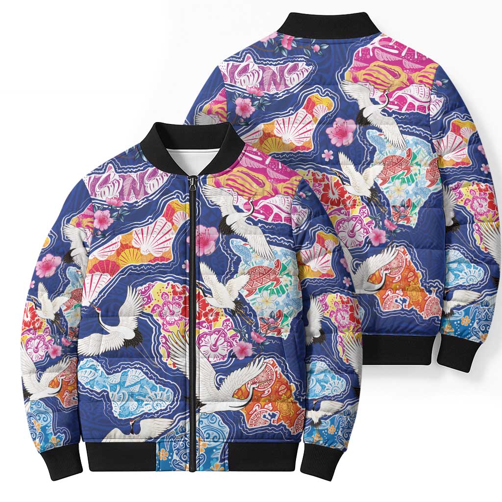 Hawaiian and Japanese Culture Together Bomber Puffer Jacket Hawaiian Archipelago Shape Sea Animals LT03 - Polynesian Pride