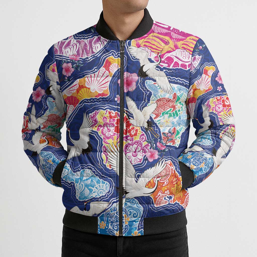 Hawaiian and Japanese Culture Together Bomber Puffer Jacket Hawaiian Archipelago Shape Sea Animals LT03 - Polynesian Pride