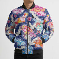 Hawaiian and Japanese Culture Together Bomber Puffer Jacket Hawaiian Archipelago Shape Sea Animals LT03 - Polynesian Pride
