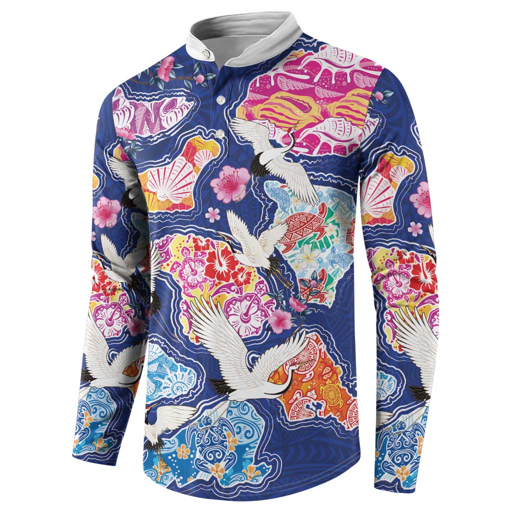 Hawaiian and Japanese Culture Together Button Sweatshirt Hawaiian Archipelago Shape Sea Animals