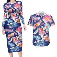 Hawaiian and Japanese Culture Together Couples Matching Long Sleeve Bodycon Dress and Hawaiian Shirt Hawaiian Archipelago Shape Sea Animals
