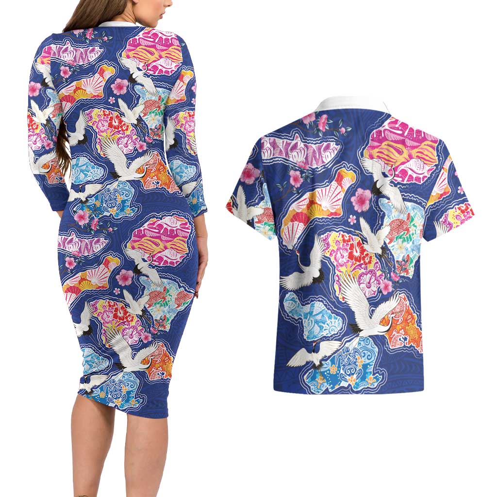 Hawaiian and Japanese Culture Together Couples Matching Long Sleeve Bodycon Dress and Hawaiian Shirt Hawaiian Archipelago Shape Sea Animals