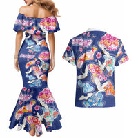 Hawaiian and Japanese Culture Together Couples Matching Mermaid Dress and Hawaiian Shirt Hawaiian Archipelago Shape Sea Animals