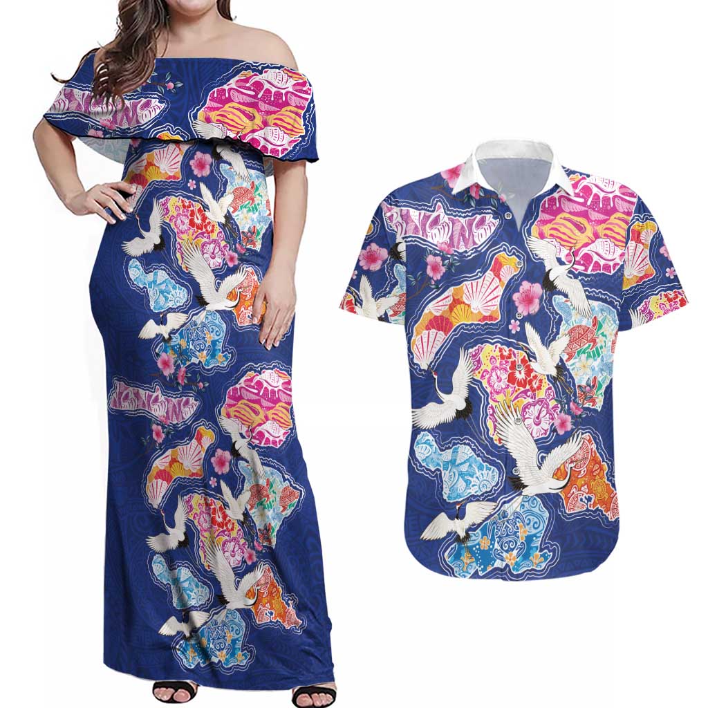 Hawaiian and Japanese Culture Together Couples Matching Off Shoulder Maxi Dress and Hawaiian Shirt Hawaiian Archipelago Shape Sea Animals