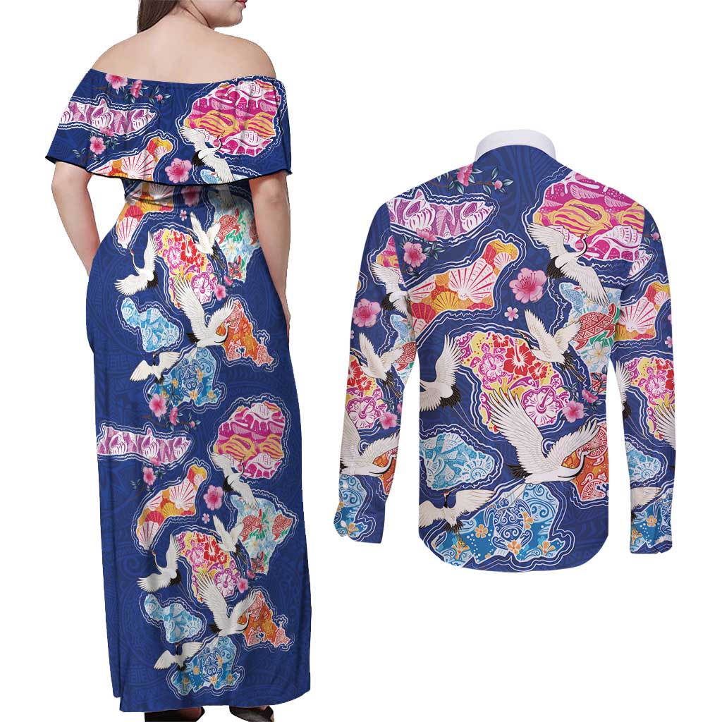 Hawaiian and Japanese Culture Together Couples Matching Off Shoulder Maxi Dress and Long Sleeve Button Shirt Hawaiian Archipelago Shape Sea Animals