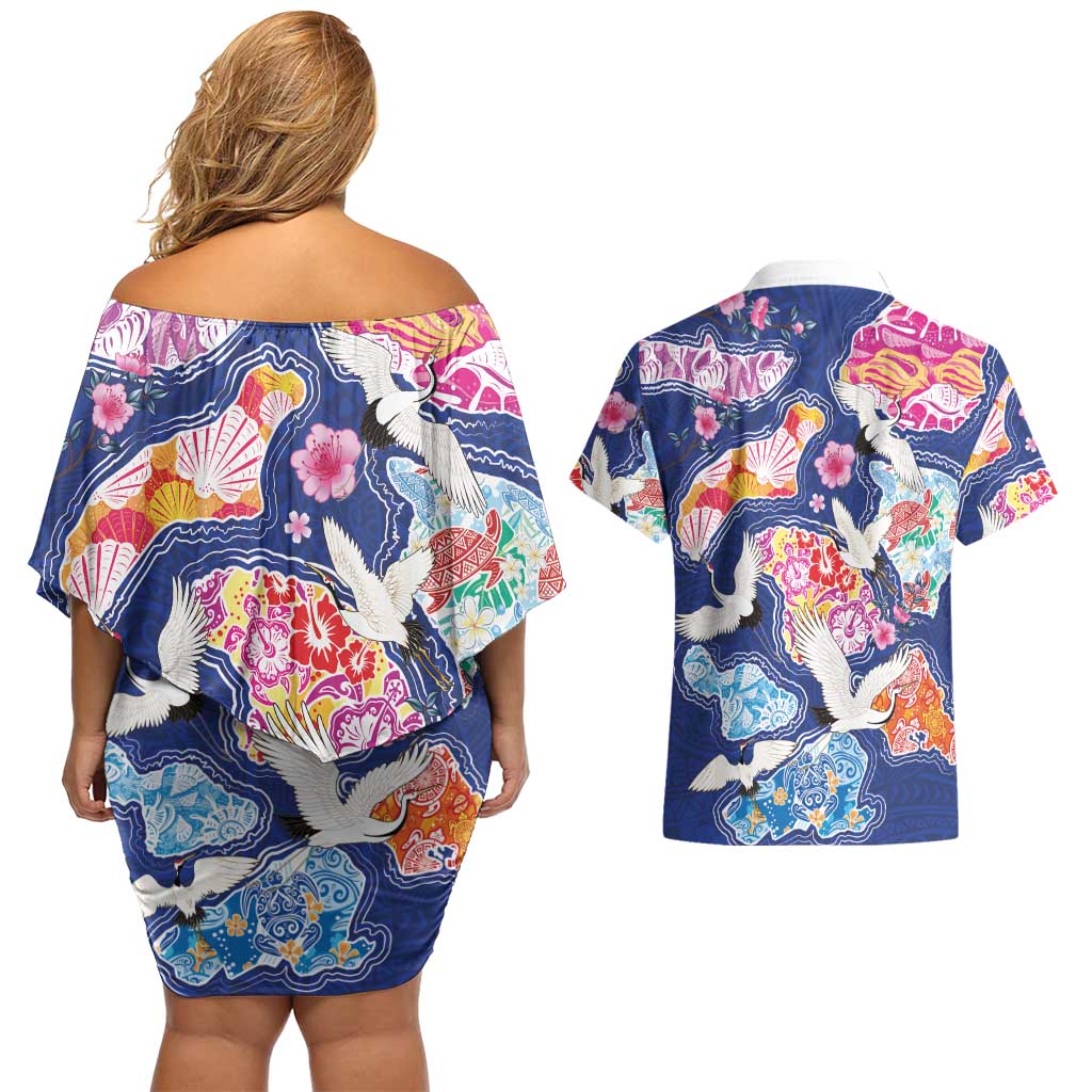 Hawaiian and Japanese Culture Together Couples Matching Off Shoulder Short Dress and Hawaiian Shirt Hawaiian Archipelago Shape Sea Animals