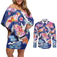 Hawaiian and Japanese Culture Together Couples Matching Off Shoulder Short Dress and Long Sleeve Button Shirt Hawaiian Archipelago Shape Sea Animals