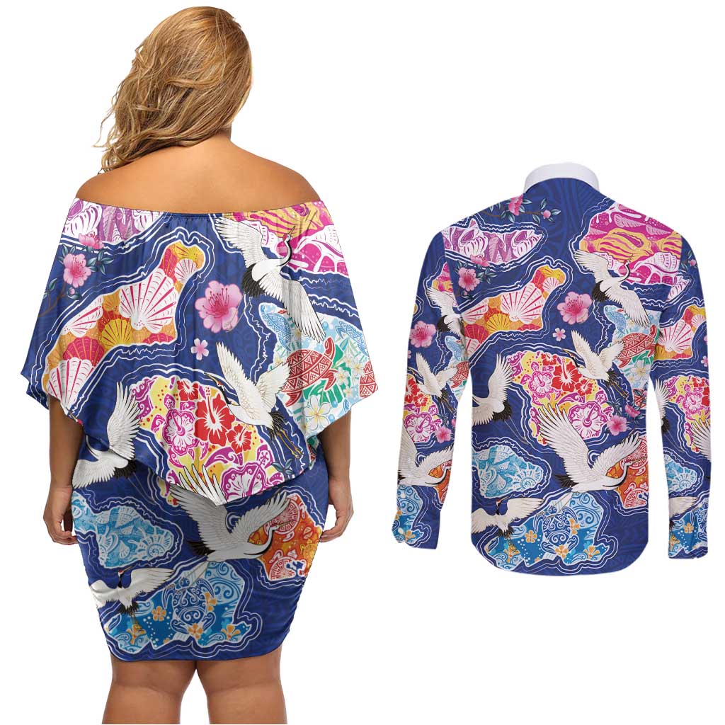Hawaiian and Japanese Culture Together Couples Matching Off Shoulder Short Dress and Long Sleeve Button Shirt Hawaiian Archipelago Shape Sea Animals