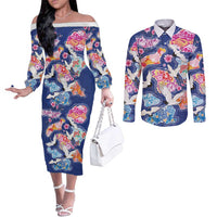 Hawaiian and Japanese Culture Together Couples Matching Off The Shoulder Long Sleeve Dress and Long Sleeve Button Shirt Hawaiian Archipelago Shape Sea Animals