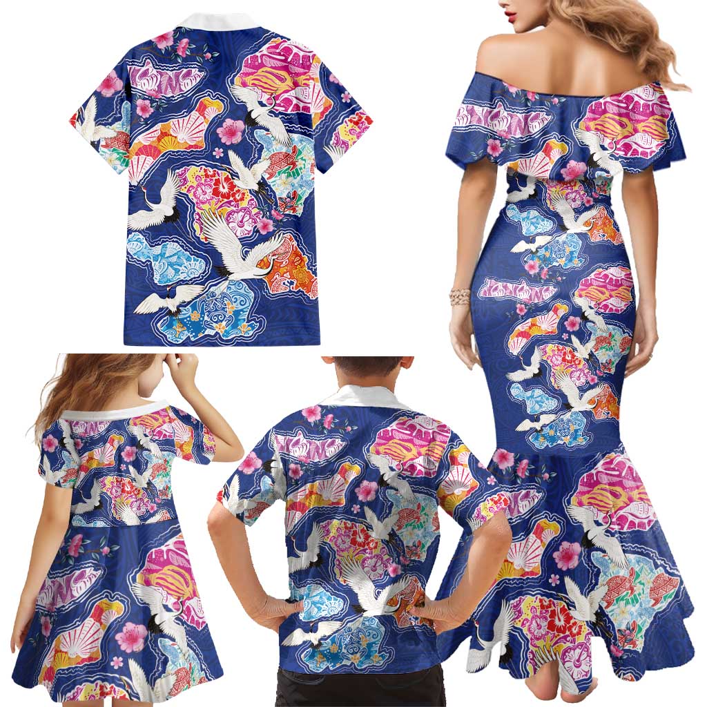 Hawaiian and Japanese Culture Together Family Matching Mermaid Dress and Hawaiian Shirt Hawaiian Archipelago Shape Sea Animals