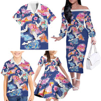 Hawaiian and Japanese Culture Together Family Matching Off The Shoulder Long Sleeve Dress and Hawaiian Shirt Hawaiian Archipelago Shape Sea Animals