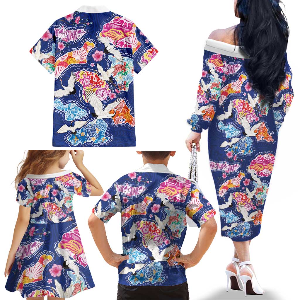 Hawaiian and Japanese Culture Together Family Matching Off The Shoulder Long Sleeve Dress and Hawaiian Shirt Hawaiian Archipelago Shape Sea Animals