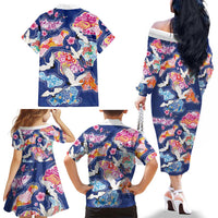 Hawaiian and Japanese Culture Together Family Matching Off The Shoulder Long Sleeve Dress and Hawaiian Shirt Hawaiian Archipelago Shape Sea Animals