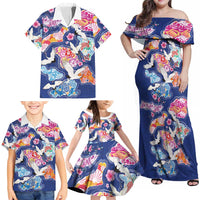Hawaiian and Japanese Culture Together Family Matching Off Shoulder Maxi Dress and Hawaiian Shirt Hawaiian Archipelago Shape Sea Animals