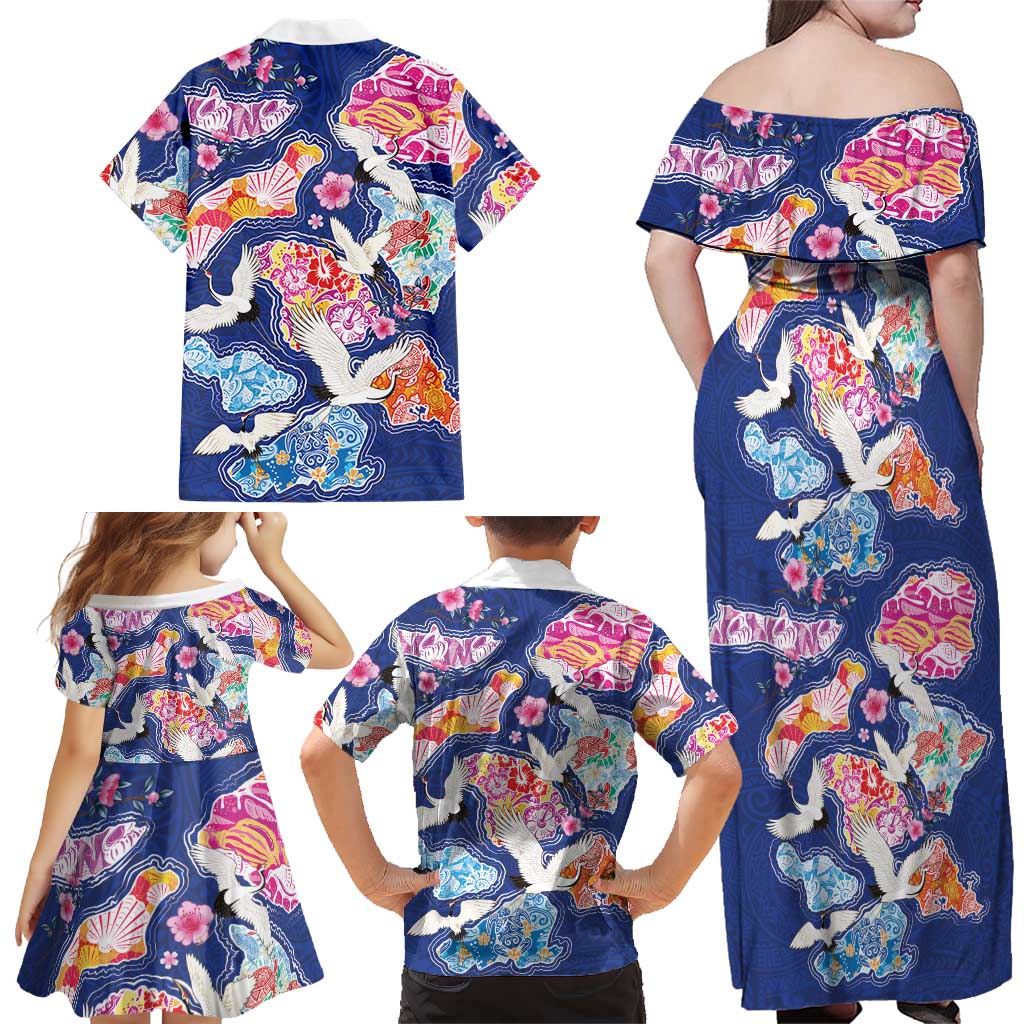 Hawaiian and Japanese Culture Together Family Matching Off Shoulder Maxi Dress and Hawaiian Shirt Hawaiian Archipelago Shape Sea Animals