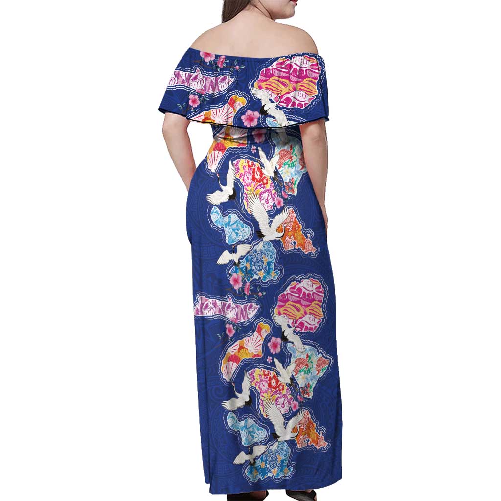 Hawaiian and Japanese Culture Together Family Matching Off Shoulder Maxi Dress and Hawaiian Shirt Hawaiian Archipelago Shape Sea Animals
