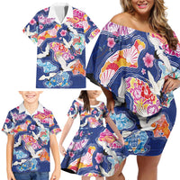 Hawaiian and Japanese Culture Together Family Matching Off Shoulder Short Dress and Hawaiian Shirt Hawaiian Archipelago Shape Sea Animals