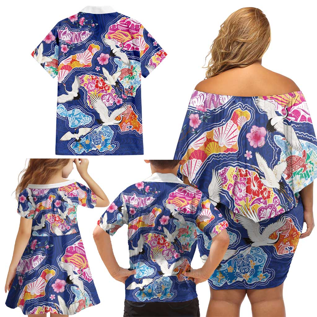 Hawaiian and Japanese Culture Together Family Matching Off Shoulder Short Dress and Hawaiian Shirt Hawaiian Archipelago Shape Sea Animals