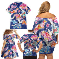 Hawaiian and Japanese Culture Together Family Matching Off Shoulder Short Dress and Hawaiian Shirt Hawaiian Archipelago Shape Sea Animals