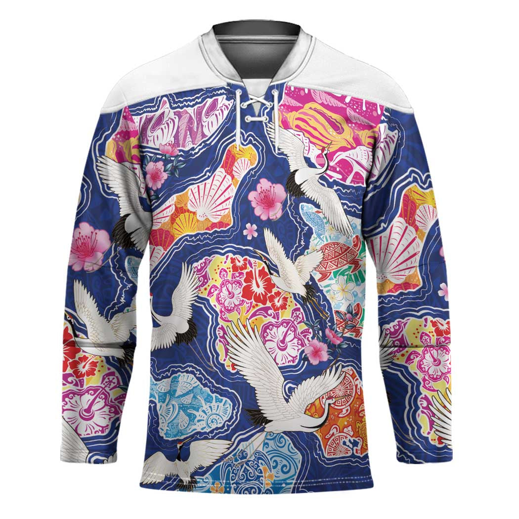 Hawaiian and Japanese Culture Together Hockey Jersey Hawaiian Archipelago Shape Sea Animals