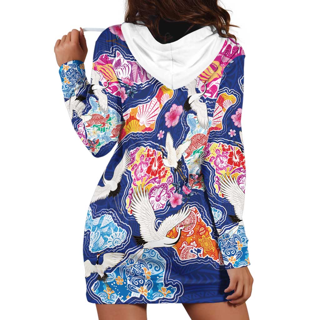 Hawaiian and Japanese Culture Together Hoodie Dress Hawaiian Archipelago Shape Sea Animals
