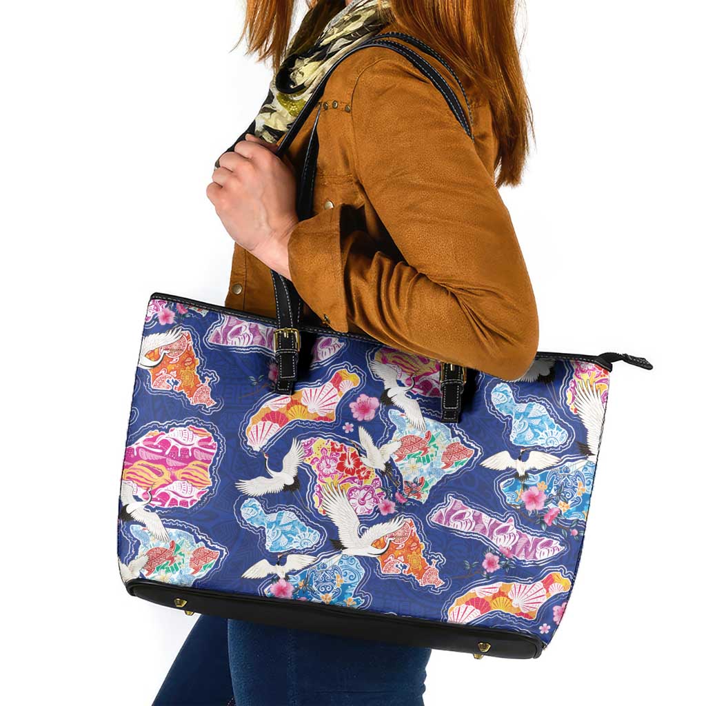Hawaiian and Japanese Culture Together Leather Tote Bag Hawaiian Archipelago Shape Sea Animals