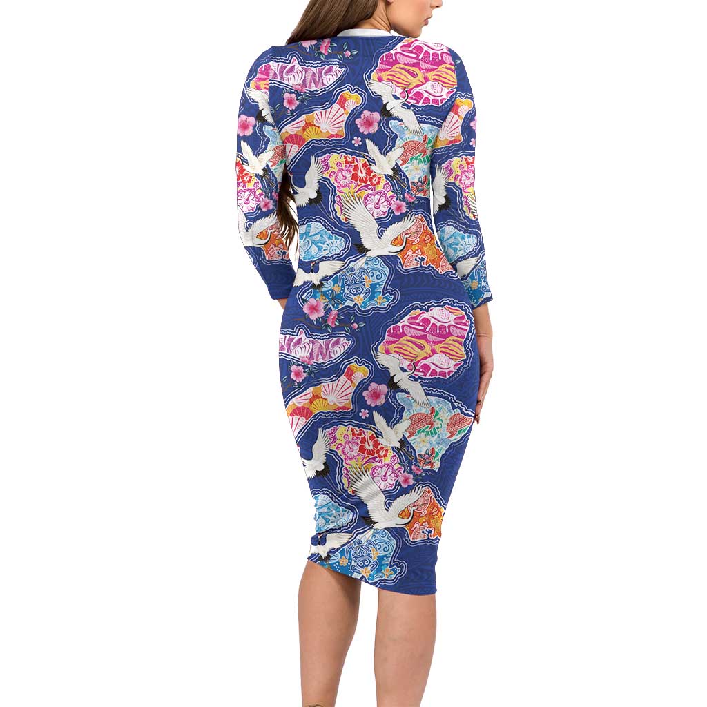 Hawaiian and Japanese Culture Together Long Sleeve Bodycon Dress Hawaiian Archipelago Shape Sea Animals