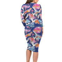 Hawaiian and Japanese Culture Together Long Sleeve Bodycon Dress Hawaiian Archipelago Shape Sea Animals